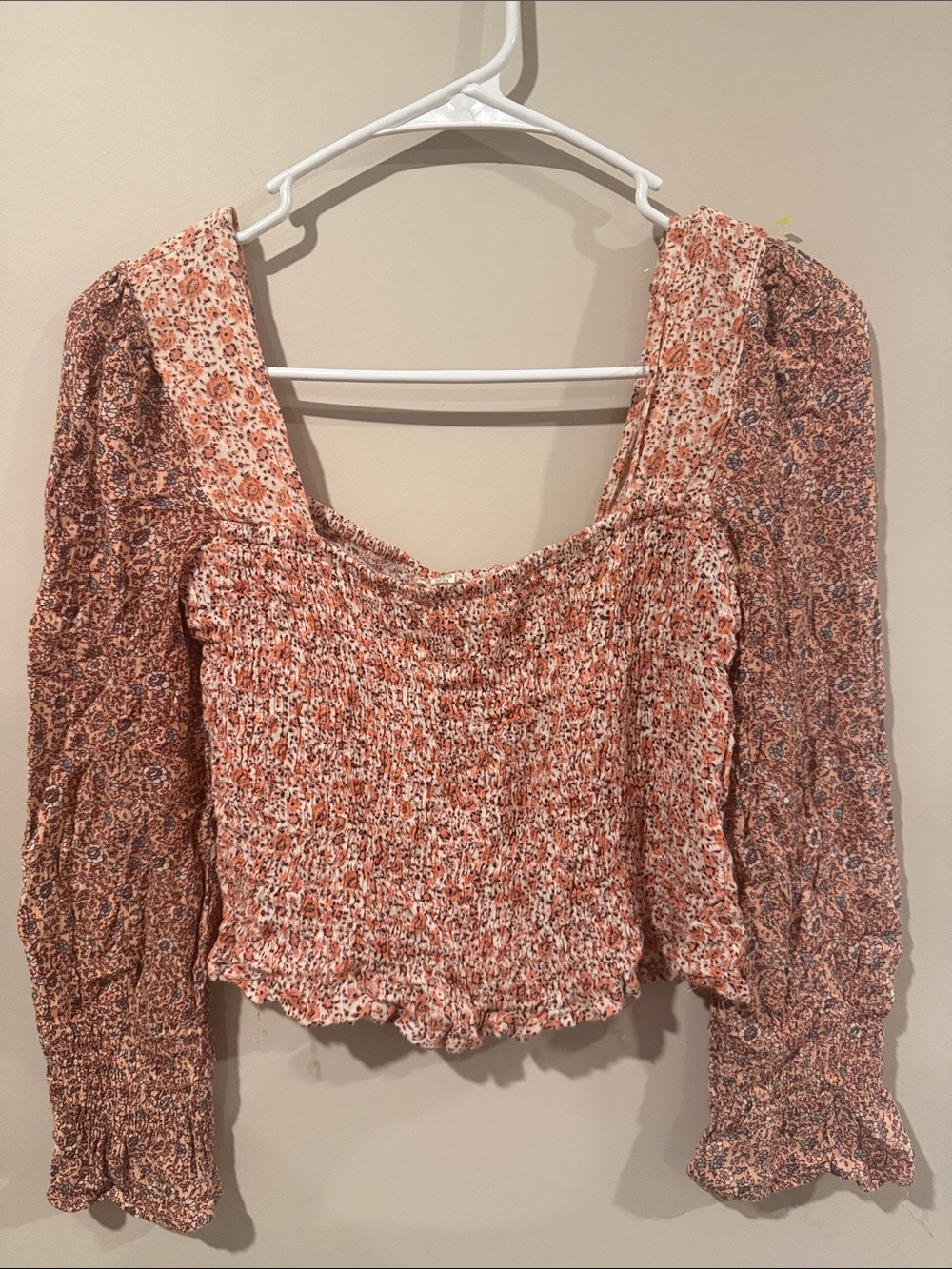 Smocked Square-Neck Crop Top in Rust Floral